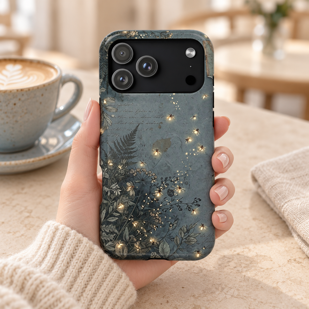 Enchanted Forest protective phone case, ferns and golden fairy lights on slate green, lifestyle photo in hand with coffee