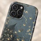 Enchanted Forest protective phone case, ferns and golden fairy lights on slate green, lifestyle close-up of the camera