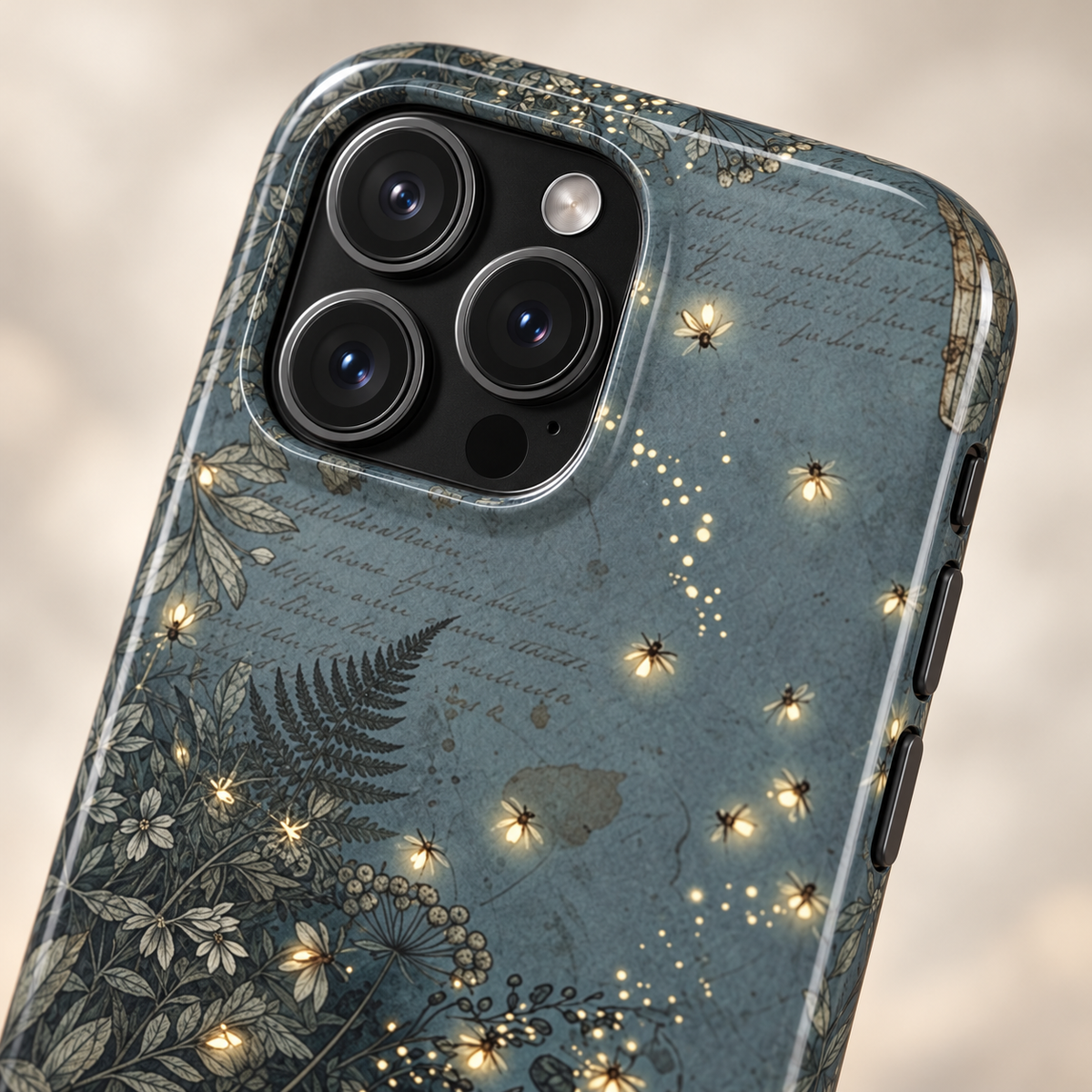 Enchanted Forest protective phone case, ferns and golden fairy lights on slate green, lifestyle close-up of the camera