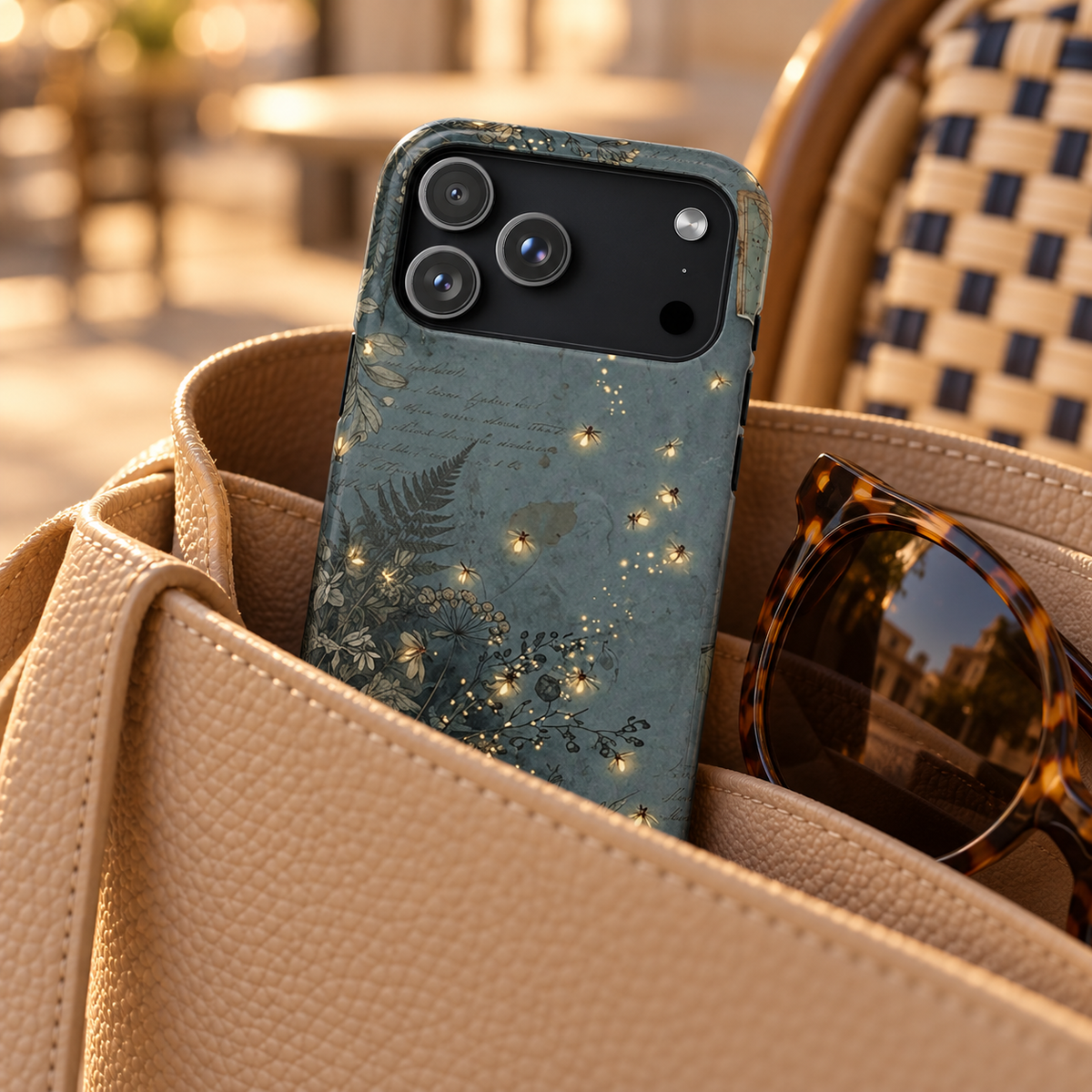 Enchanted Forest MagSafe case, ferns and golden fairy lights on slate green, lifestyle photo in a handbag