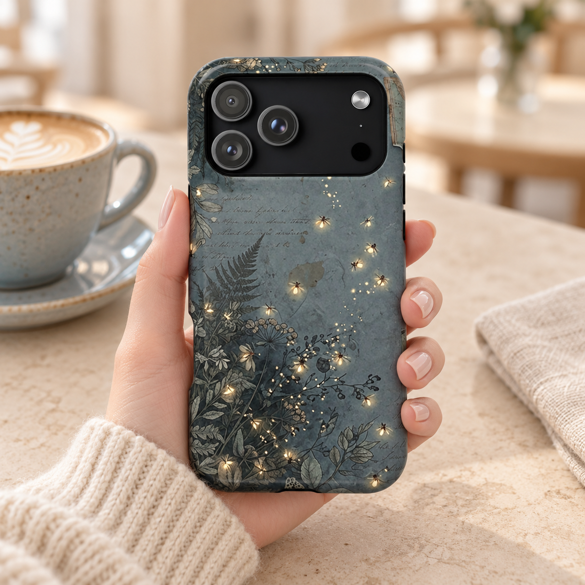 Enchanted Forest MagSafe case, ferns and golden fairy lights on slate green, lifestyle photo in hand with coffee