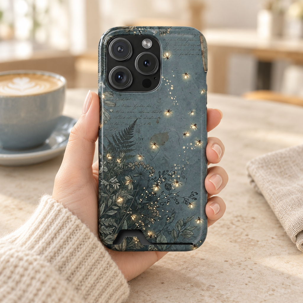 Enchanted Forest phone case with card holder, ferns and golden fairy lights on slate green, lifestyle photo in hand with coffee