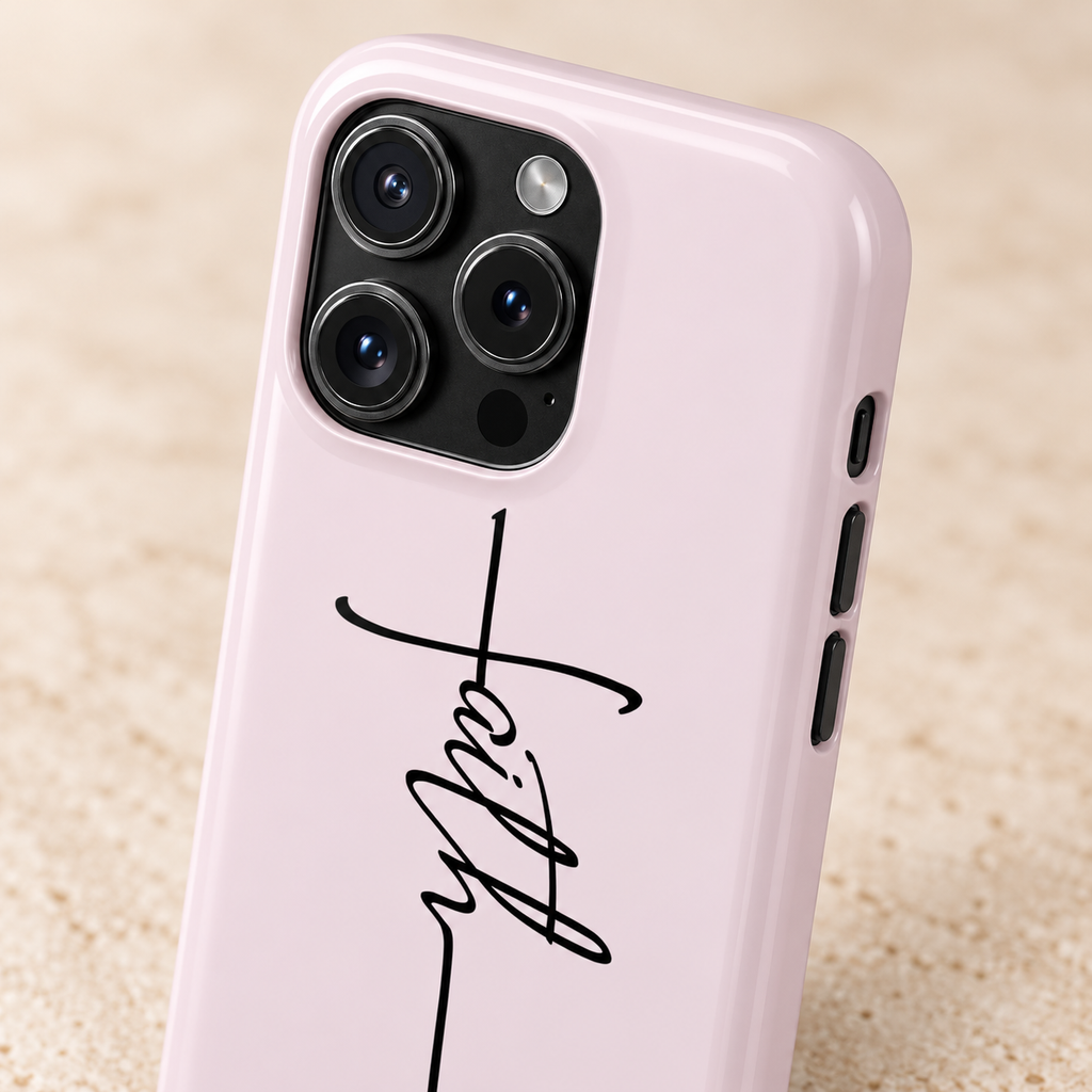 Faith Cross protective phone case, faith script with a cross on blush pink, lifestyle close-up of the camera