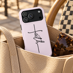 Faith Cross MagSafe case, faith script with a cross on blush pink, lifestyle photo in a handbag