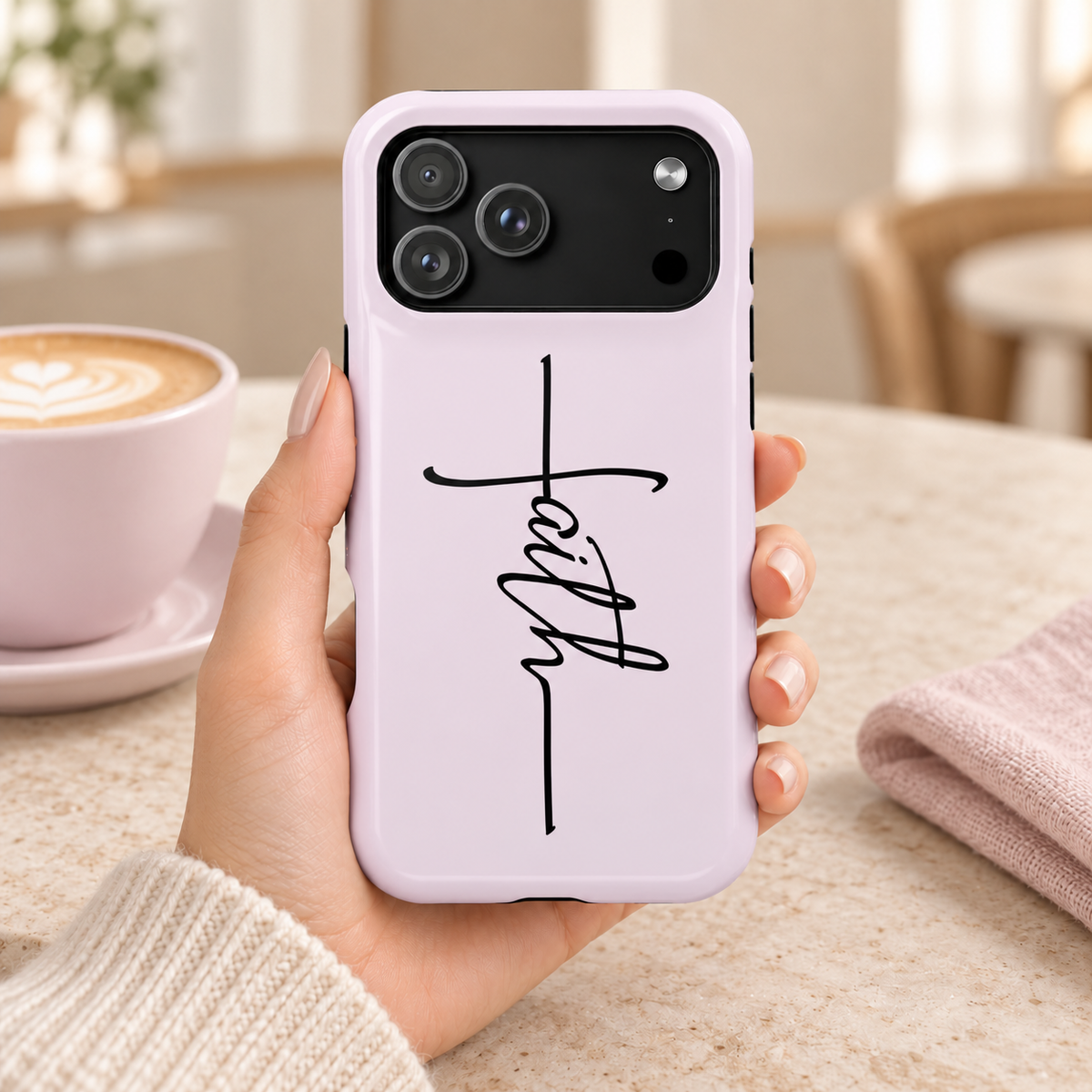 Faith Cross MagSafe case, faith script with a cross on blush pink, lifestyle photo in hand with coffee