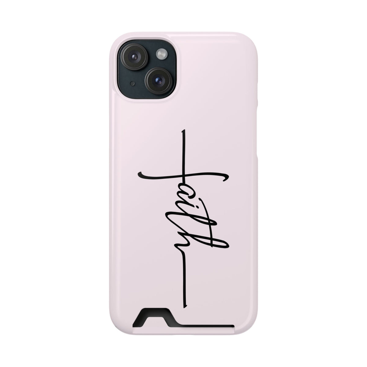 Faith Cross phone case with card holder for iPhone 15 Plus, glossy finish
