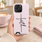 Faith Cross phone case with card holder, faith script with a cross on blush pink, lifestyle photo in hand with coffee