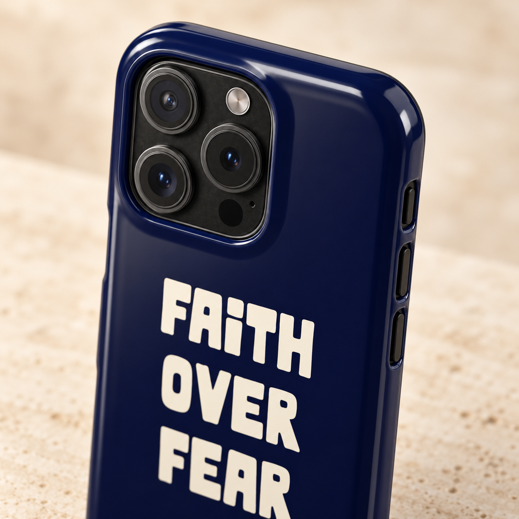 Faith Over Fear protective phone case, bold Faith Over Fear lettering on navy, lifestyle close-up of the camera