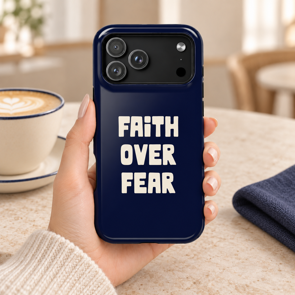 Faith Over Fear MagSafe case, bold Faith Over Fear lettering on navy, lifestyle photo in hand with coffee