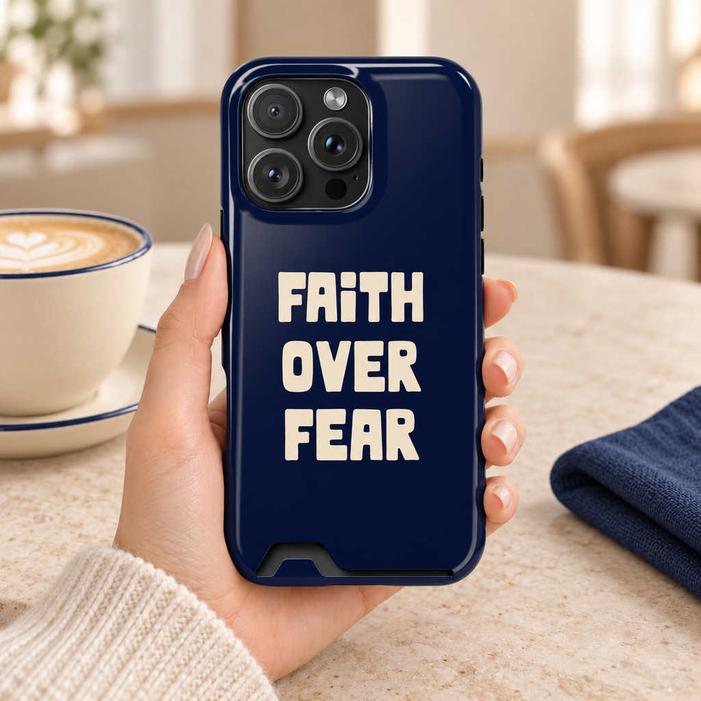 Faith Over Fear phone case with card holder, bold Faith Over Fear lettering on navy, lifestyle photo in hand with coffee
