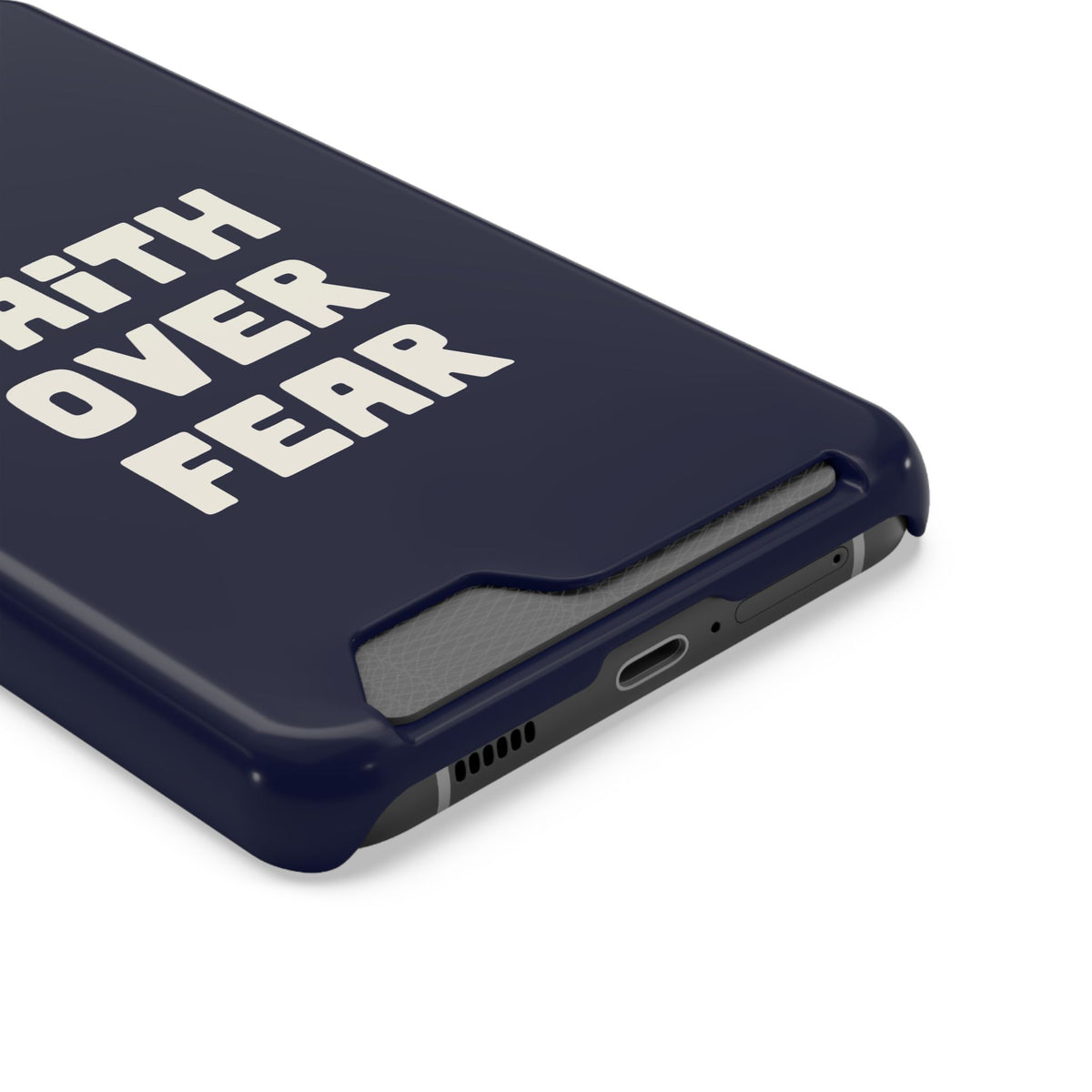 Faith Over Fear phone case with card holder, close-up of the card slot