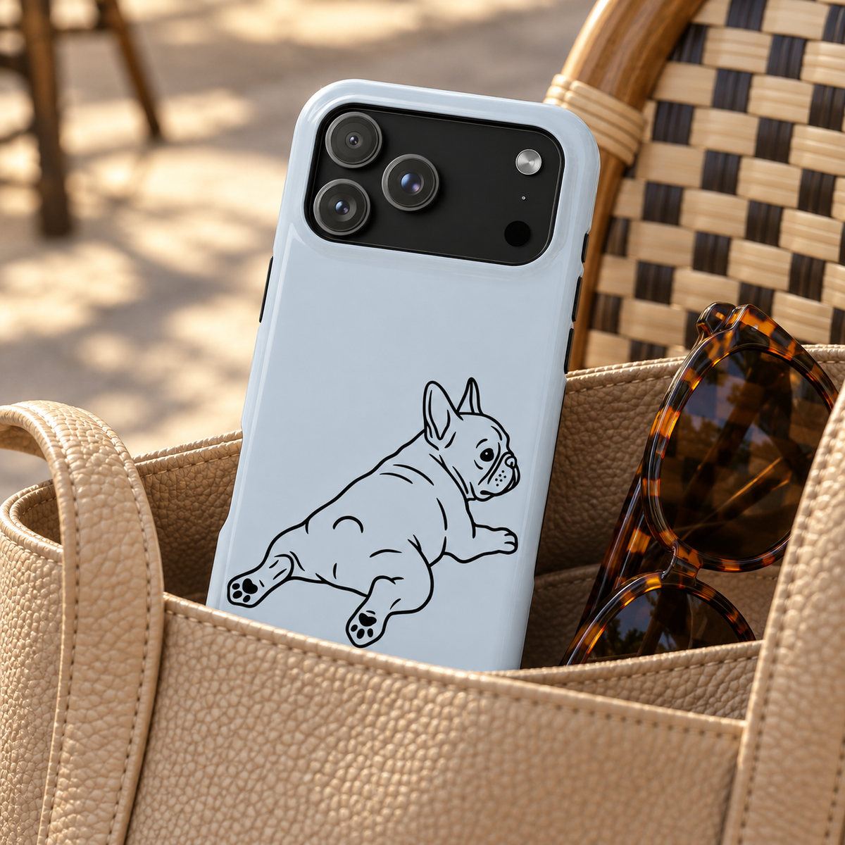 Frenchie Doodle MagSafe case, a line-drawn French bulldog on powder blue, lifestyle photo in a handbag