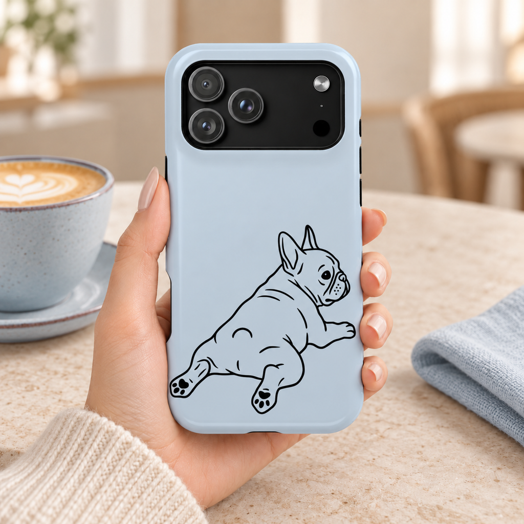 Frenchie Doodle MagSafe case, a line-drawn French bulldog on powder blue, lifestyle photo in hand with coffee