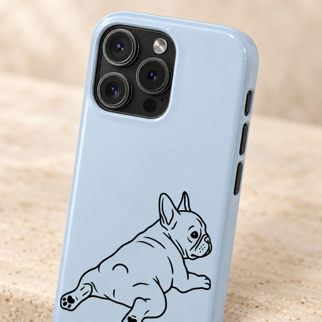 Frenchie Doodle MagSafe case, a line-drawn French bulldog on powder blue, lifestyle close-up of the camera