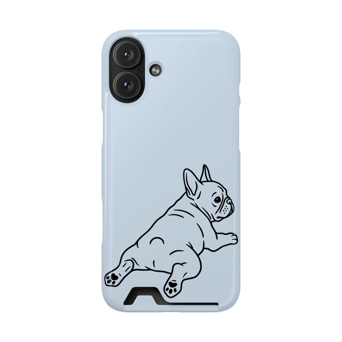 Frenchie Doodle phone case with card holder for iPhone 16 Plus, glossy finish
