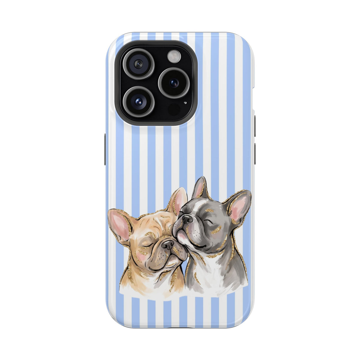 Frenchie Stripe protective phone case for iPhone 15 Pro, glossy finish