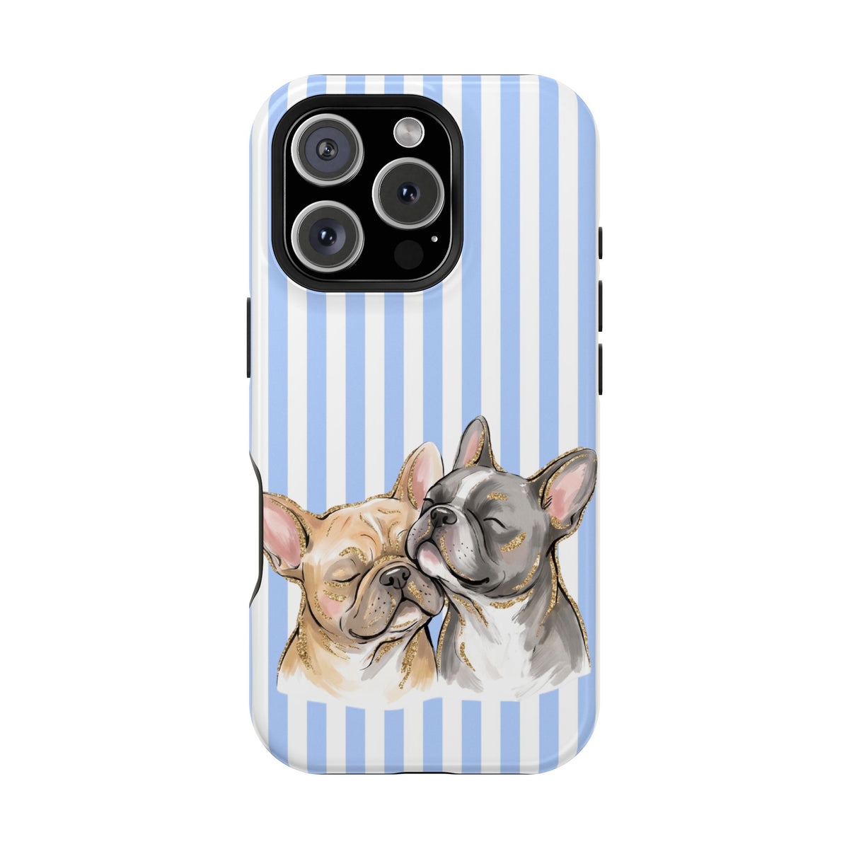 Frenchie Stripe protective phone case for iPhone 16 Pro, glossy finish