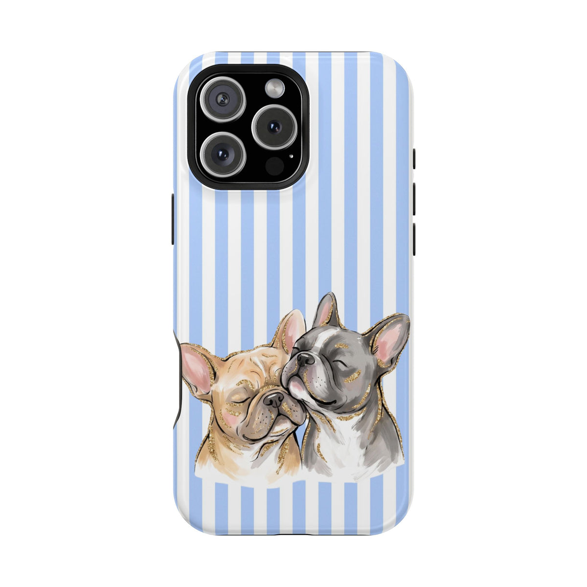 Frenchie Stripe protective phone case for iPhone 16 Pro Max, glossy finish