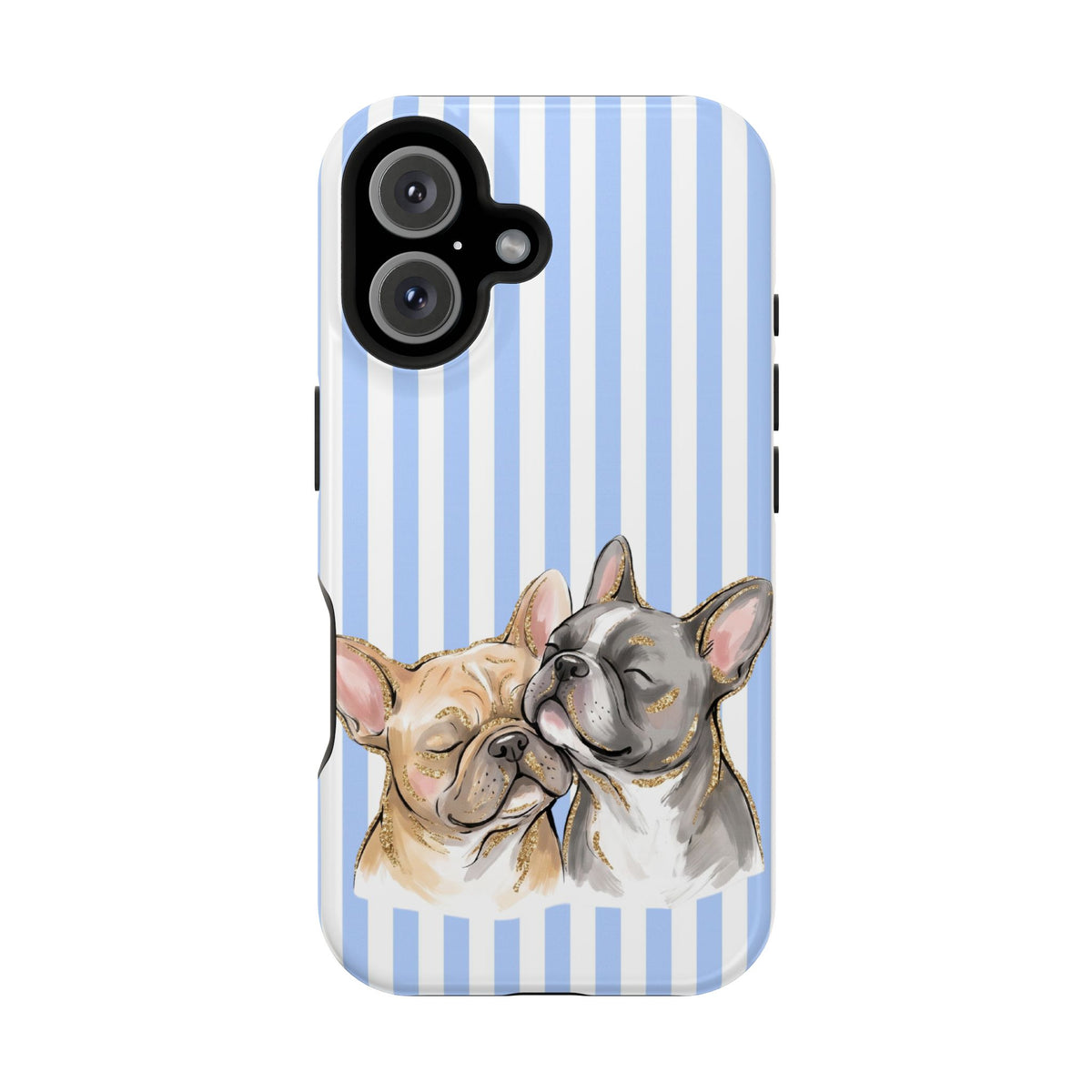 Frenchie Stripe protective phone case for iPhone 16, glossy finish