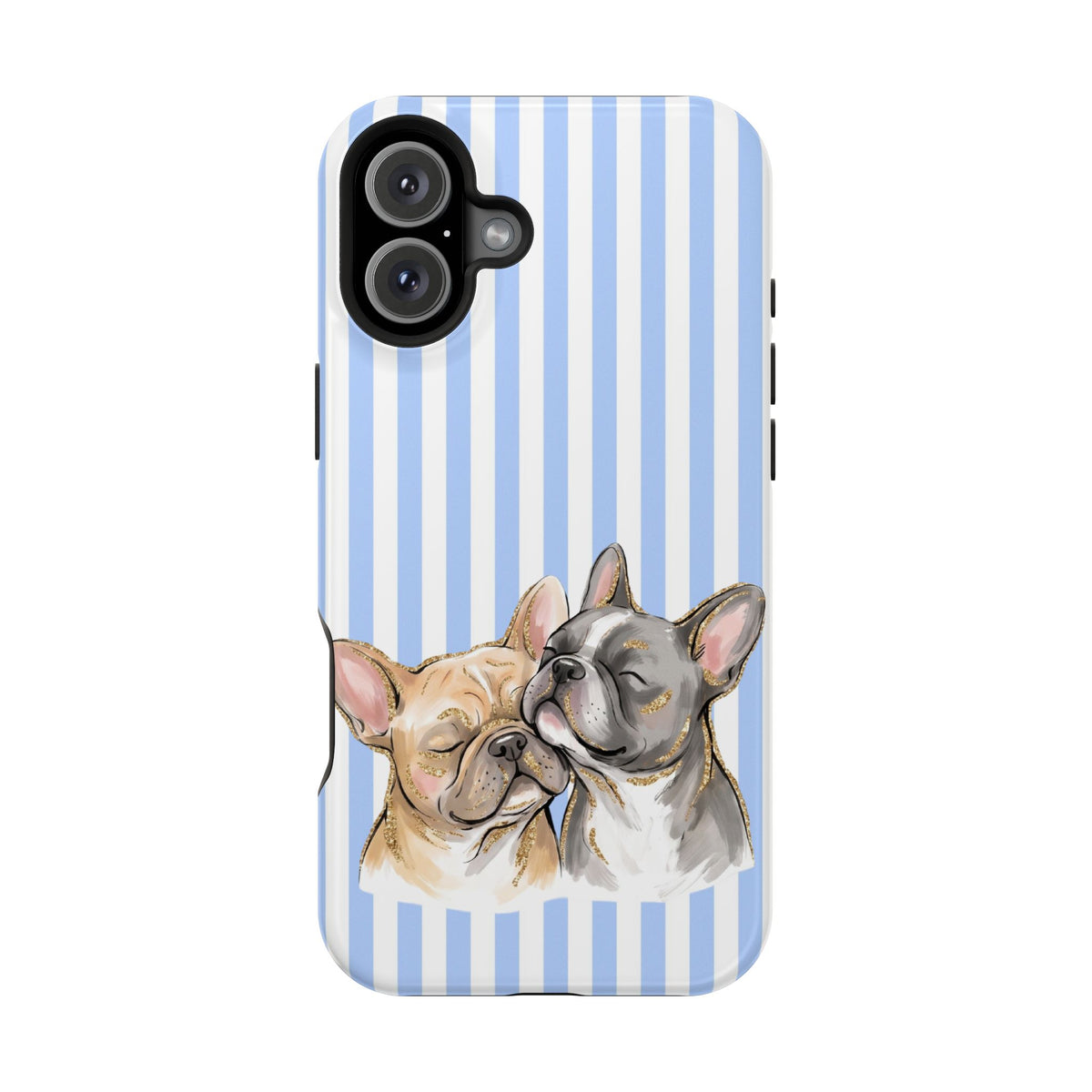 Frenchie Stripe protective phone case for iPhone 16 Plus, glossy finish