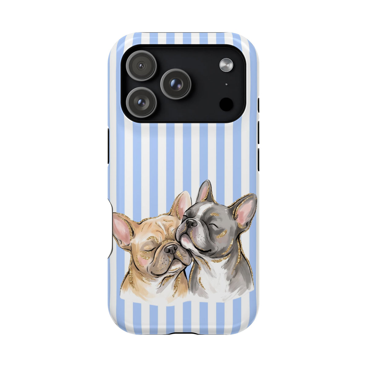 Frenchie Stripe protective phone case for iPhone 17 Pro, glossy finish