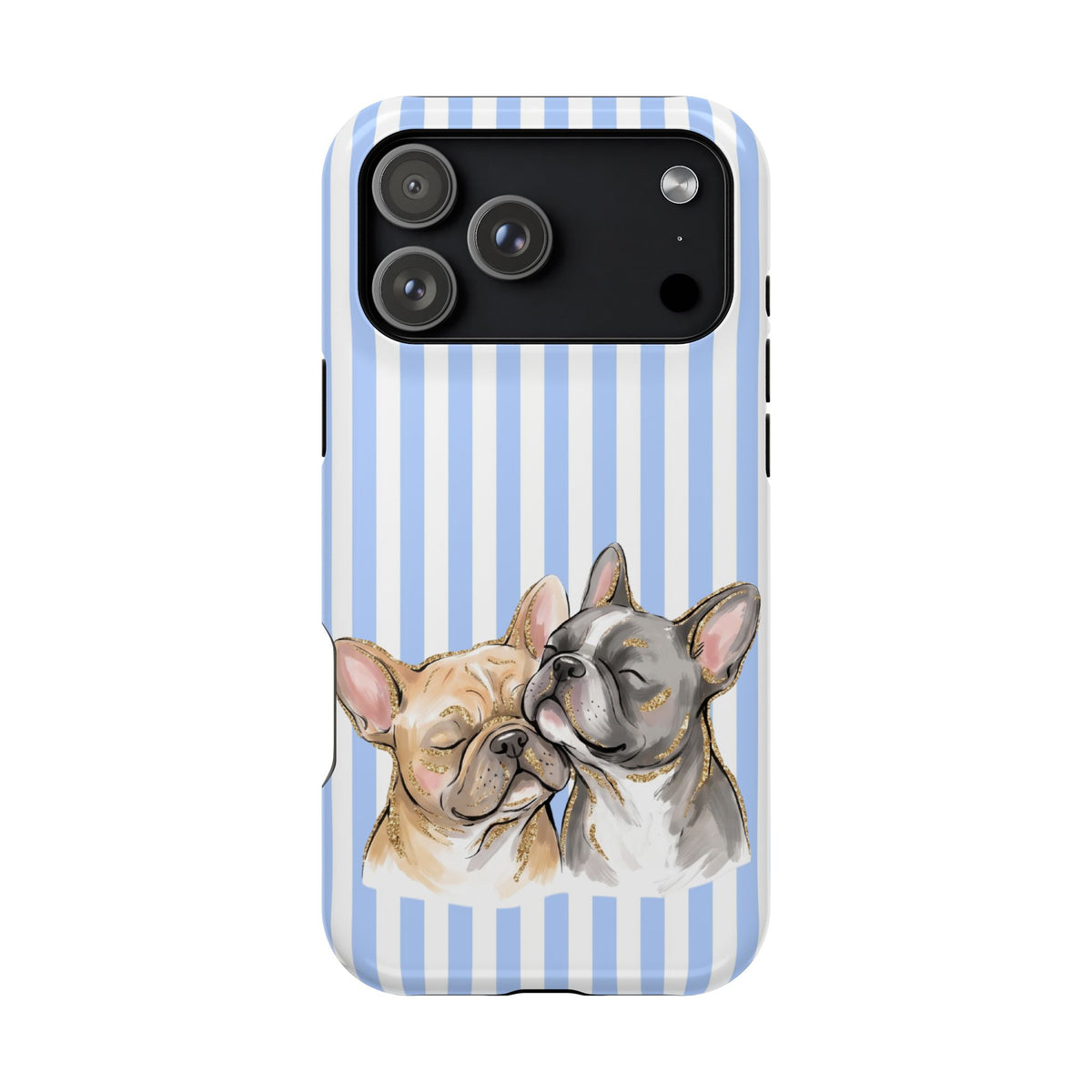 Frenchie Stripe protective phone case for iPhone 17 Pro Max, glossy finish