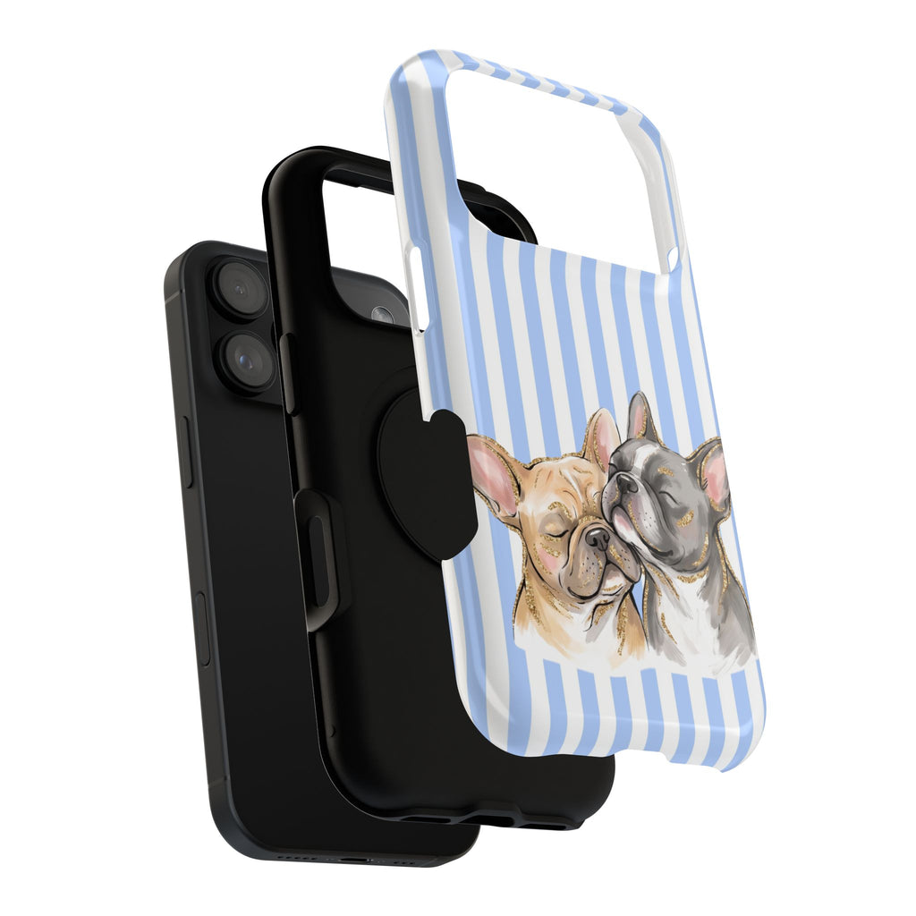 Frenchie Stripe protective phone case, close-up of the dual-layer construction