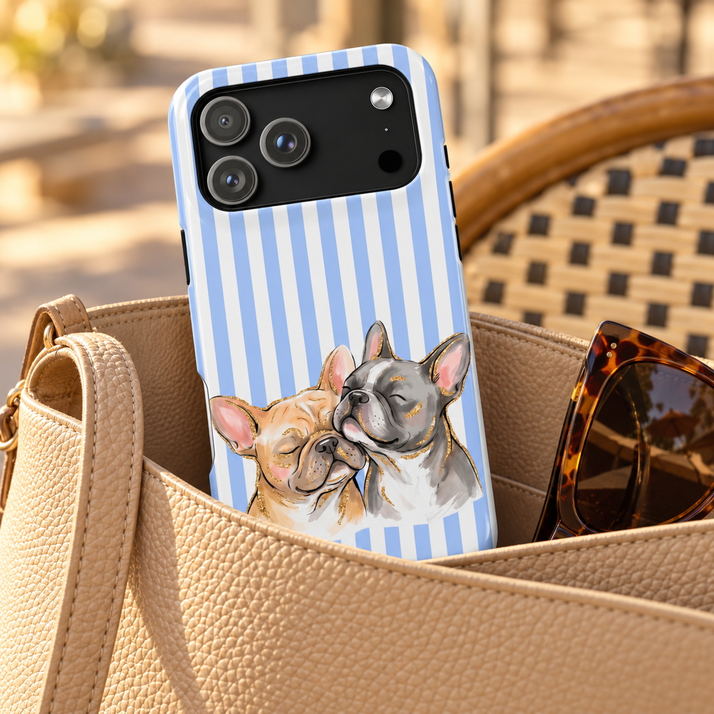 Frenchie Stripe MagSafe case, two French bulldogs on baby blue stripes, lifestyle photo in a handbag