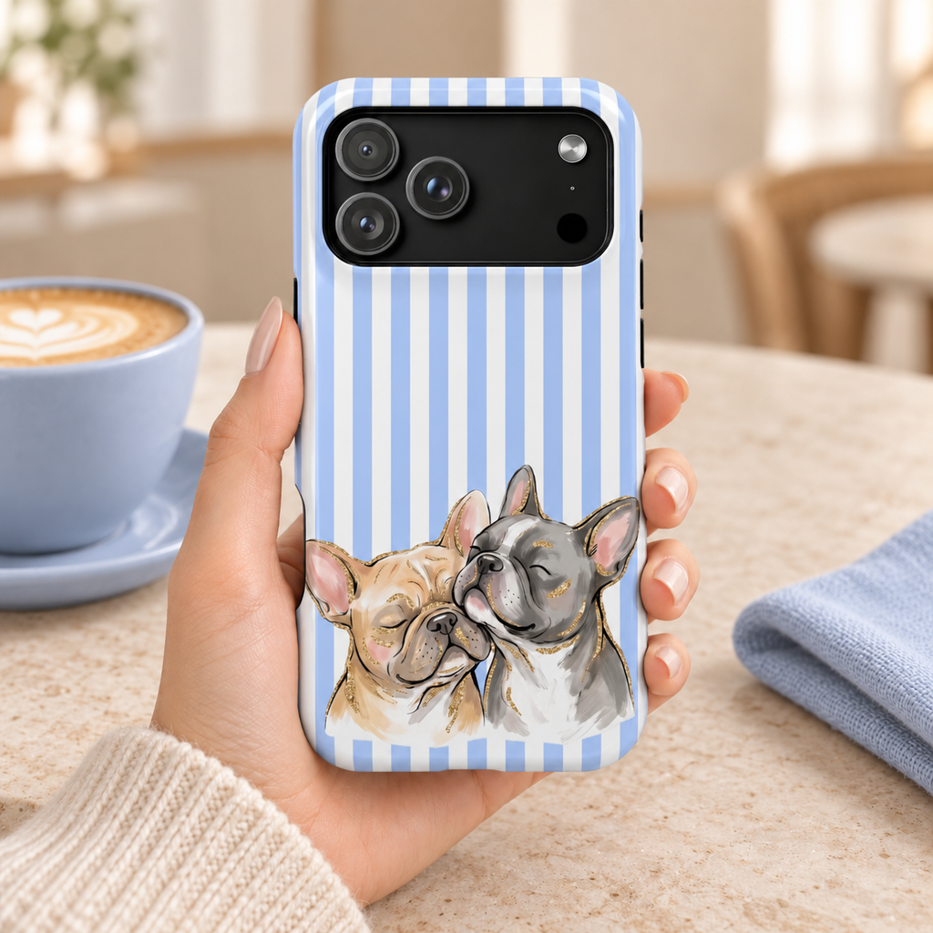 Frenchie Stripe MagSafe case, two French bulldogs on baby blue stripes, lifestyle photo in hand with coffee