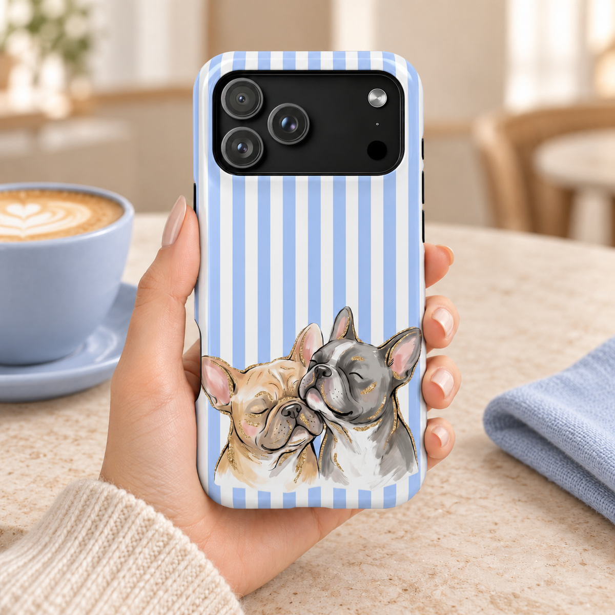 Frenchie Stripe MagSafe case, two French bulldogs on baby blue stripes, lifestyle photo in hand with coffee