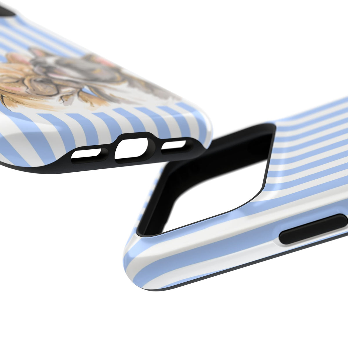 Frenchie Stripe MagSafe case, close-up at an angle
