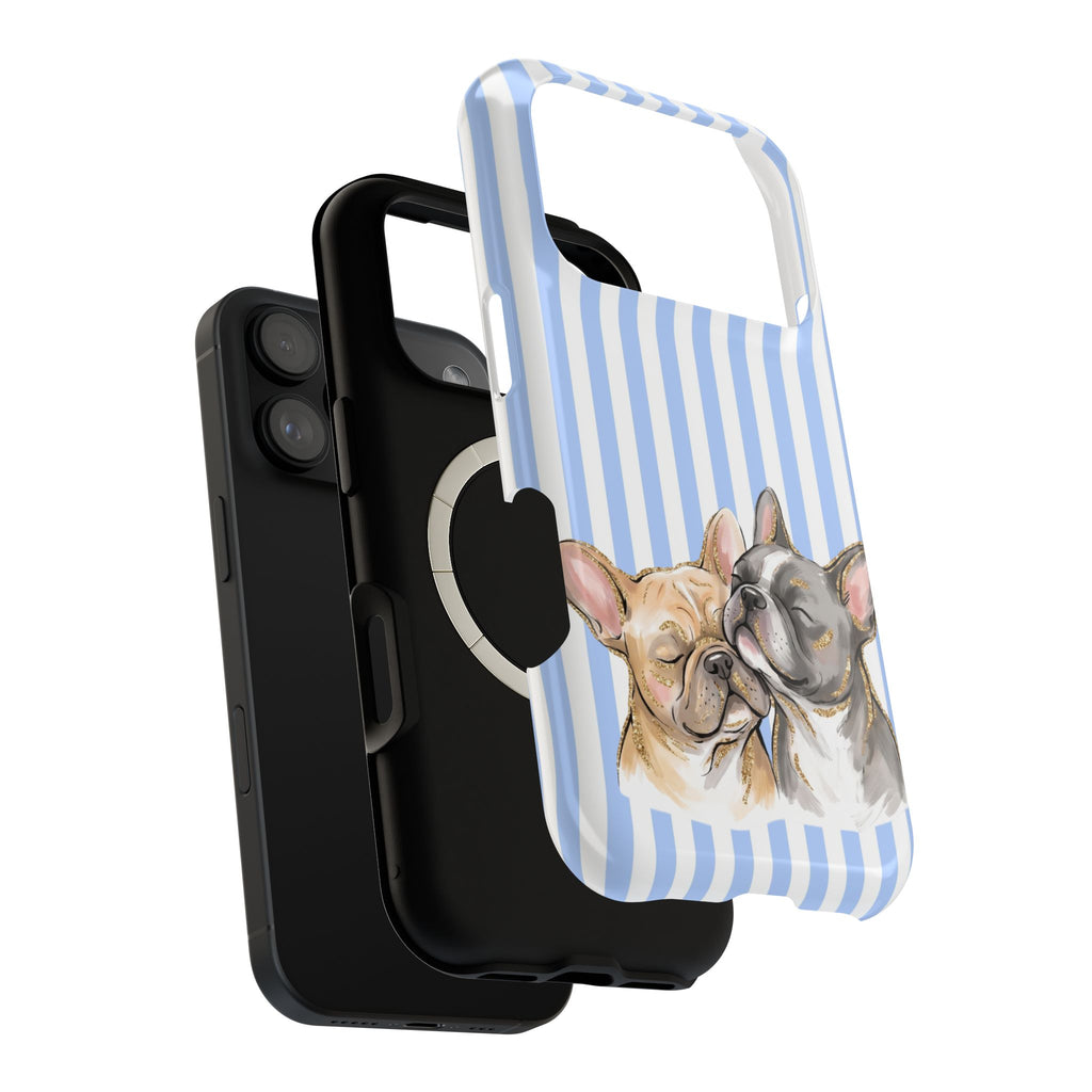 Frenchie Stripe MagSafe case, close-up of the dual-layer construction