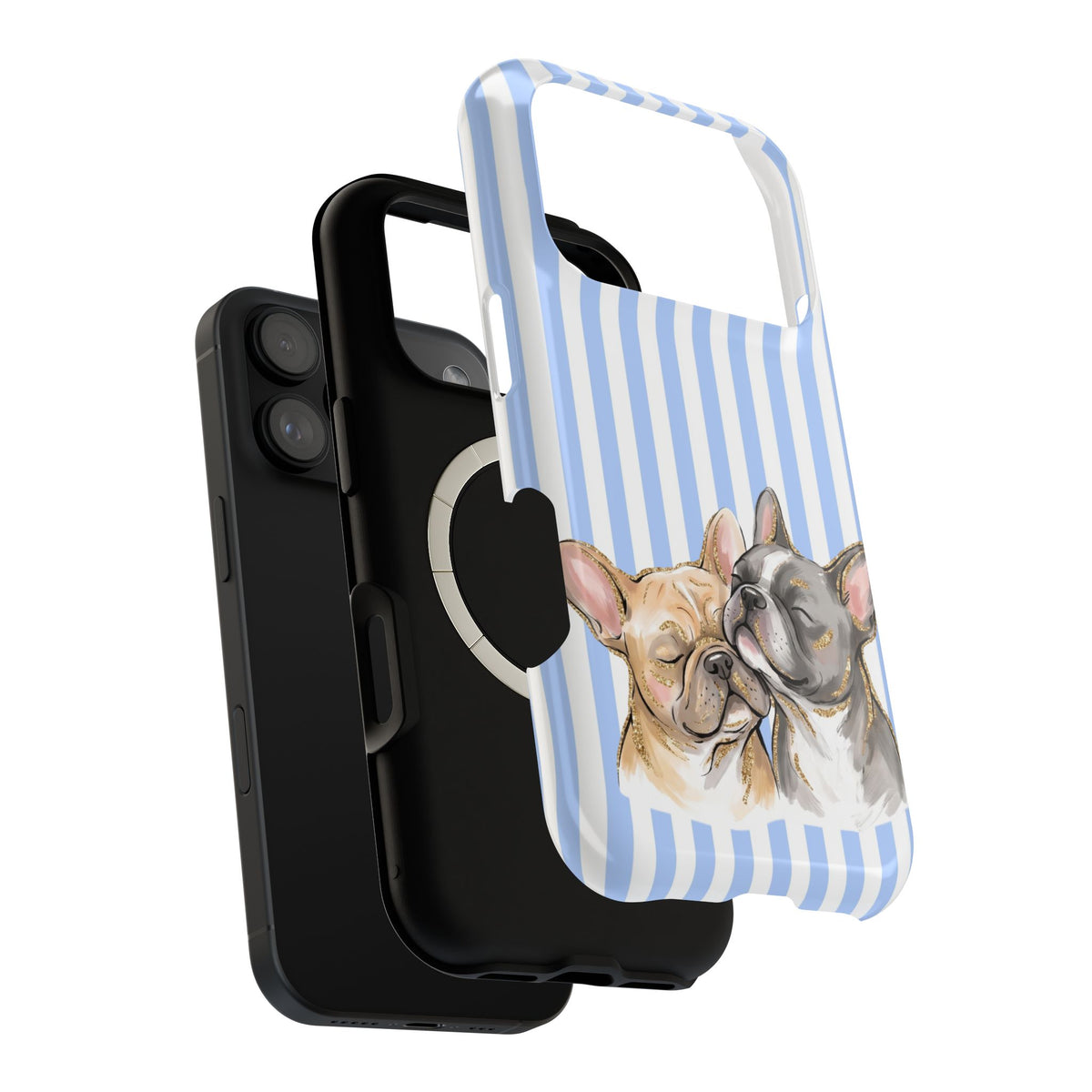 Frenchie Stripe MagSafe case, close-up of the dual-layer construction