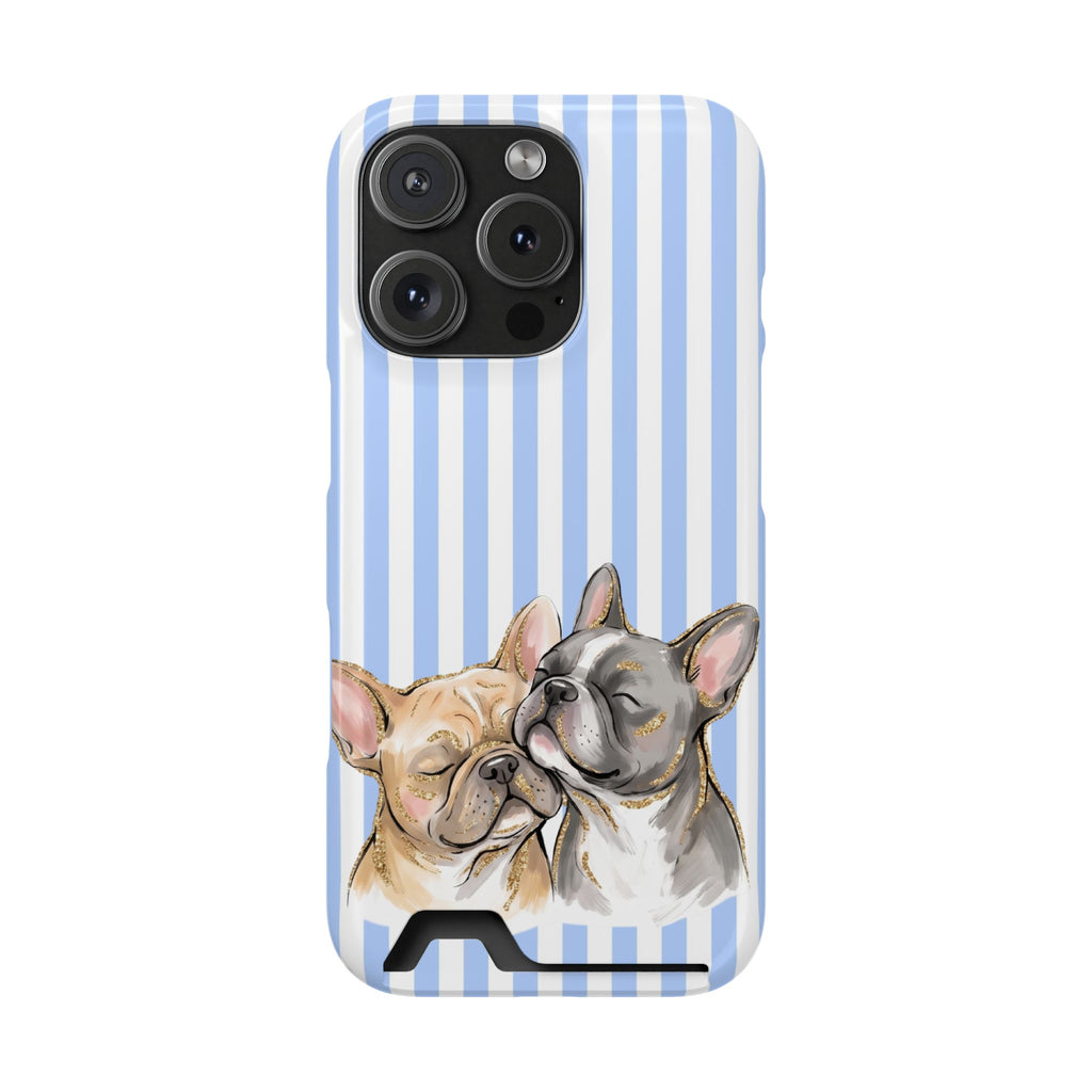 Frenchie Stripe phone case with card holder for iPhone 16 Pro, glossy finish