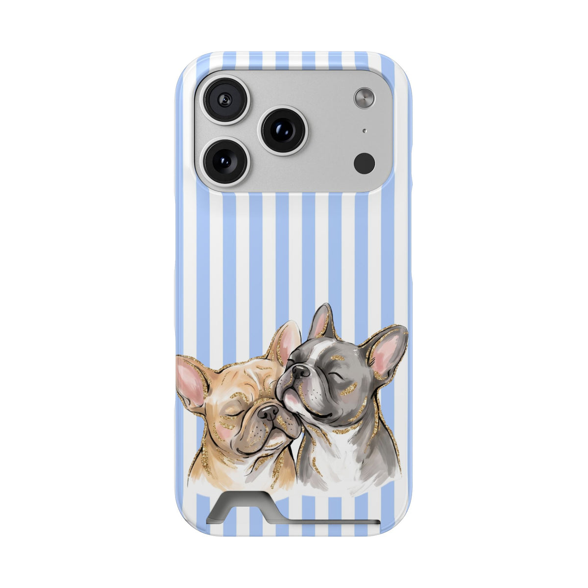 Frenchie Stripe phone case with card holder for iPhone 17 Pro, glossy finish