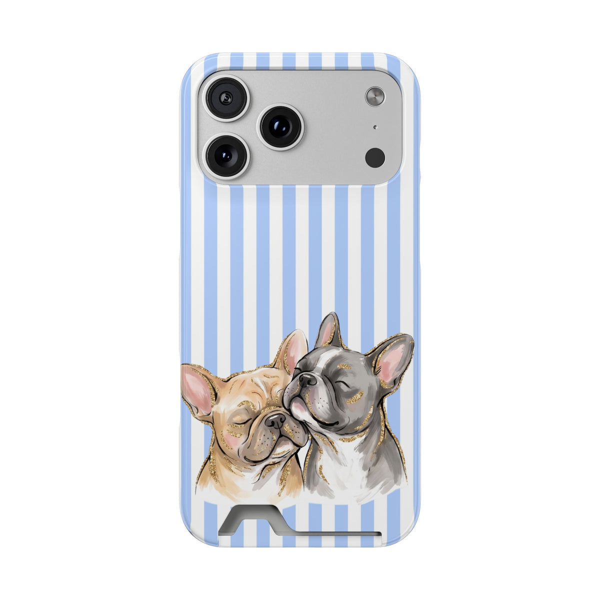 Frenchie Stripe phone case with card holder for iPhone 17 Pro Max, glossy finish