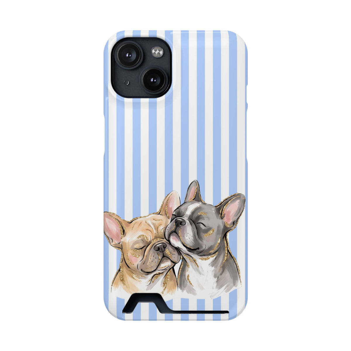 Frenchie Stripe phone case with card holder for iPhone 14, glossy finish