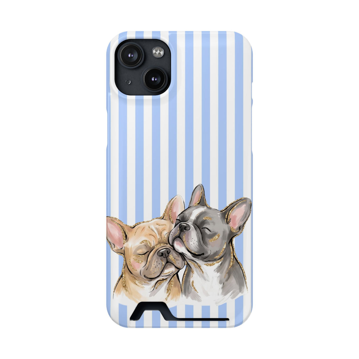 Frenchie Stripe phone case with card holder for iPhone 14 Plus, glossy finish