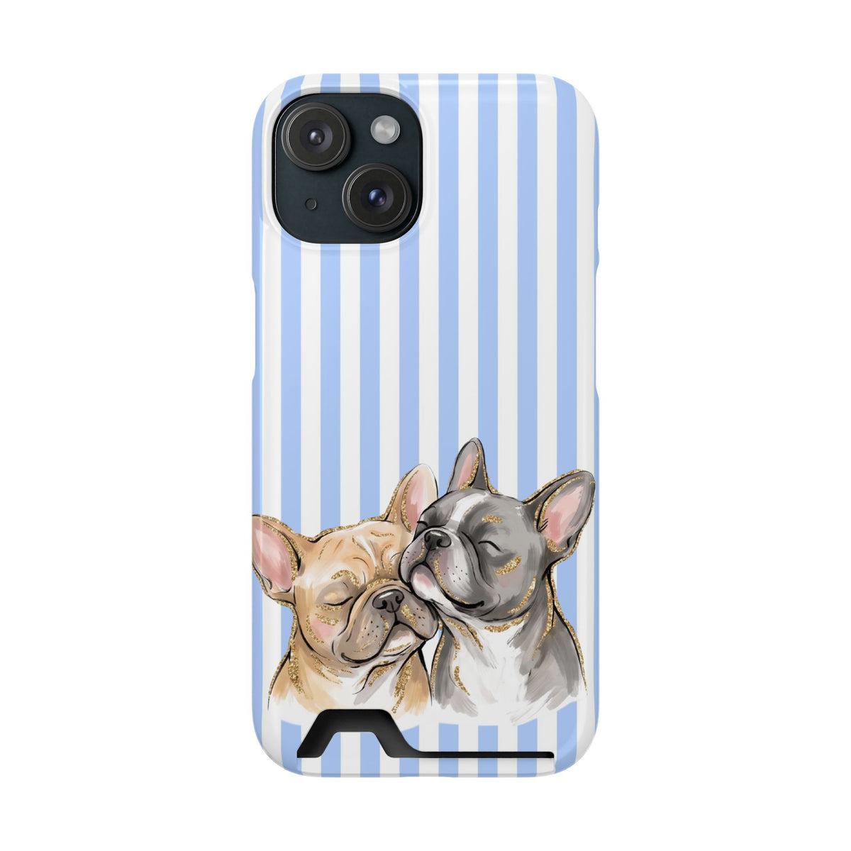 Frenchie Stripe phone case with card holder for iPhone 15, glossy finish