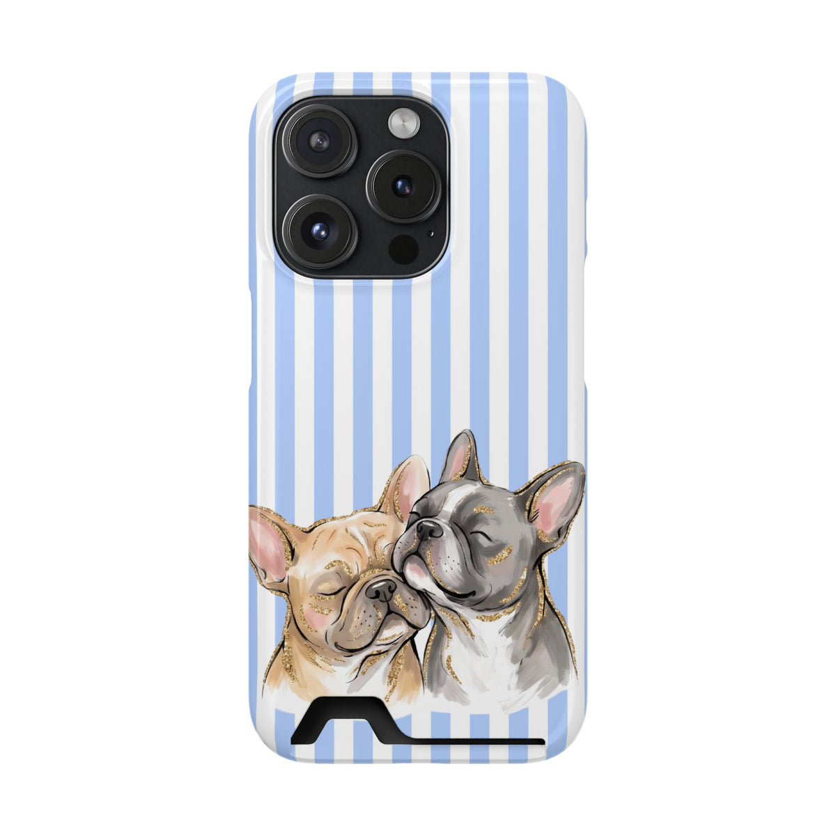 Frenchie Stripe phone case with card holder for iPhone 15 Pro, glossy finish