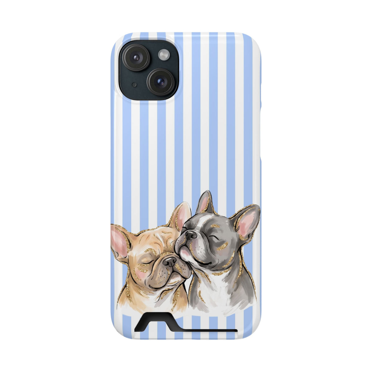 Frenchie Stripe phone case with card holder for iPhone 15 Plus, glossy finish