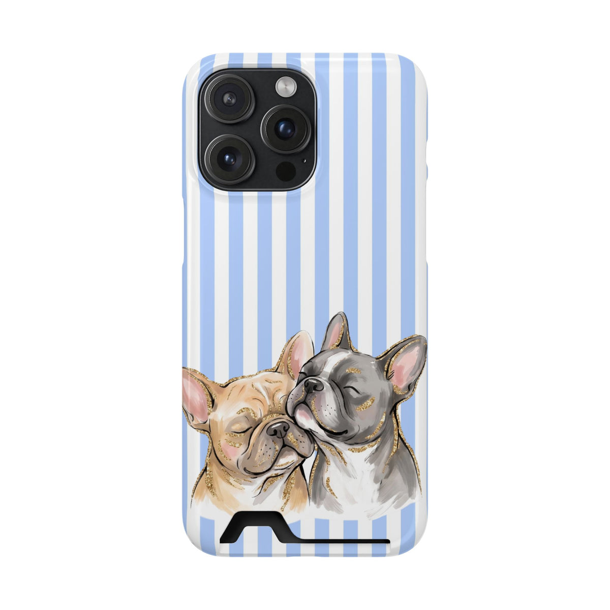 Frenchie Stripe phone case with card holder for iPhone 15 Pro Max, glossy finish
