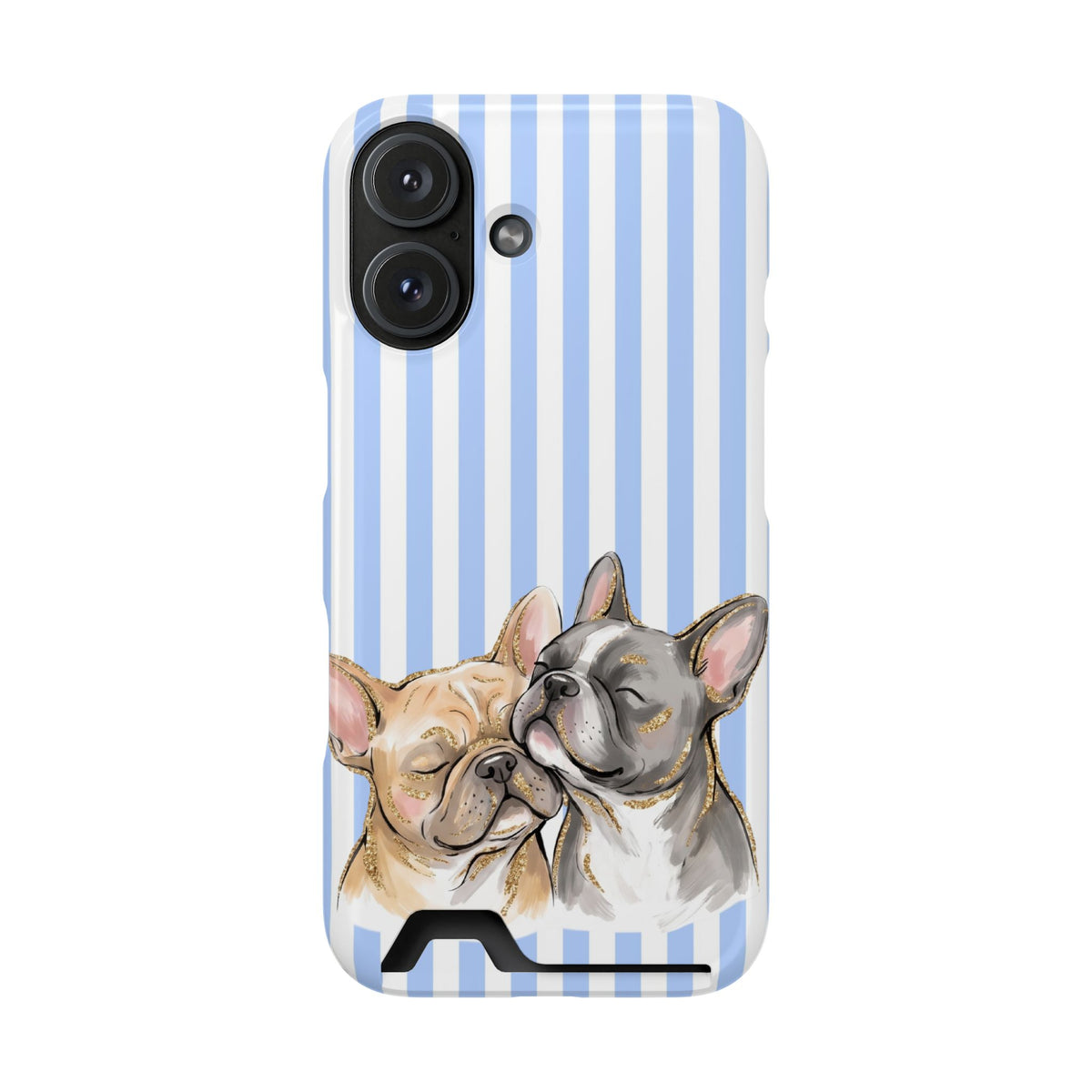 Frenchie Stripe phone case with card holder for iPhone 16, glossy finish