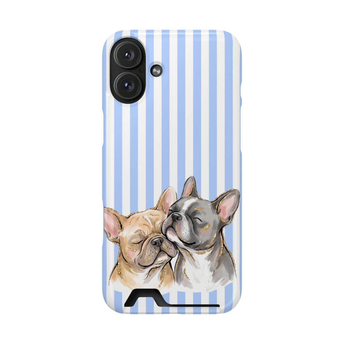 Frenchie Stripe phone case with card holder for iPhone 16 Plus, glossy finish