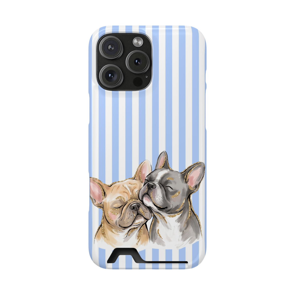 Frenchie Stripe phone case with card holder for iPhone 16 Pro Max, glossy finish