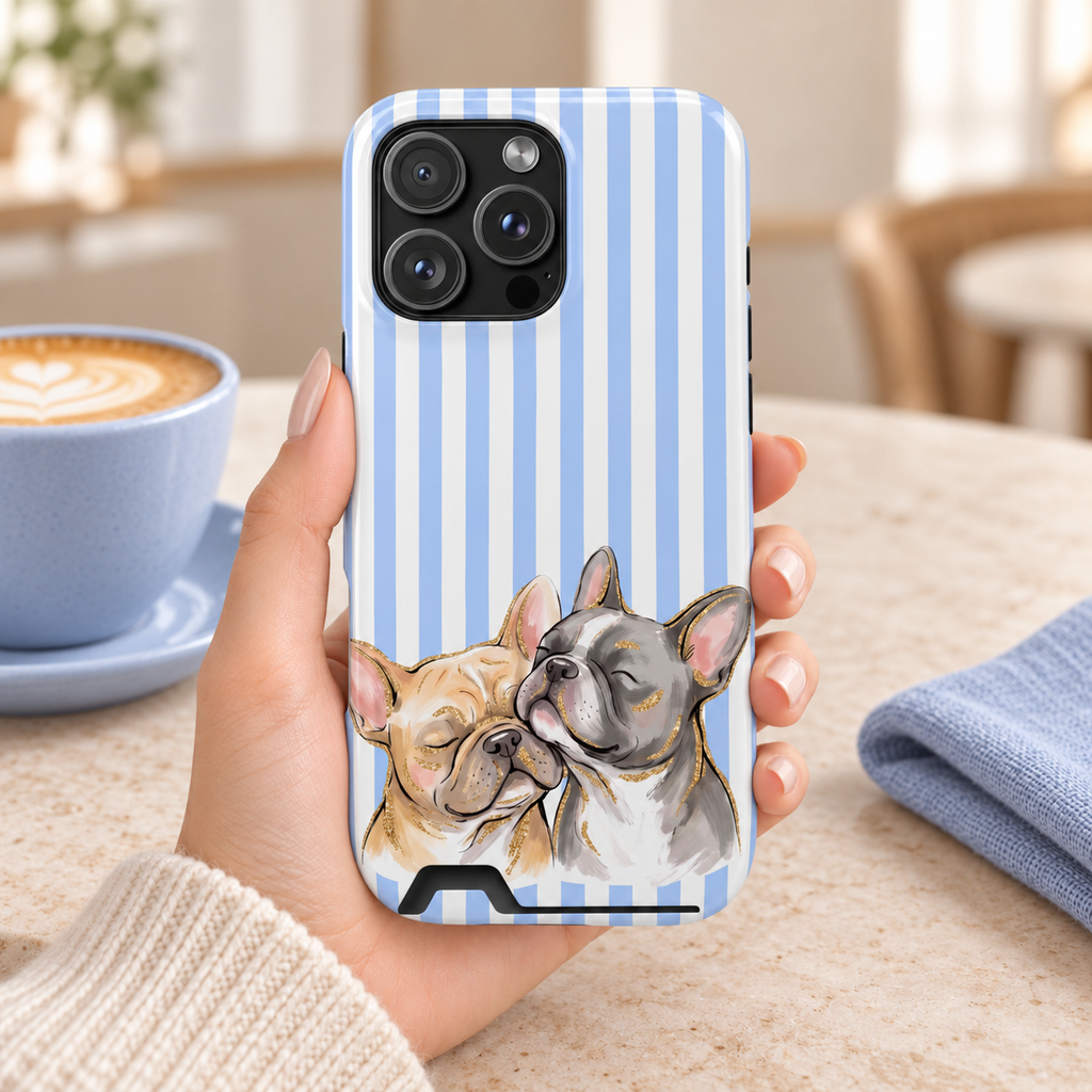 Frenchie Stripe phone case with card holder, two French bulldogs on baby blue stripes, lifestyle photo in hand with coffee