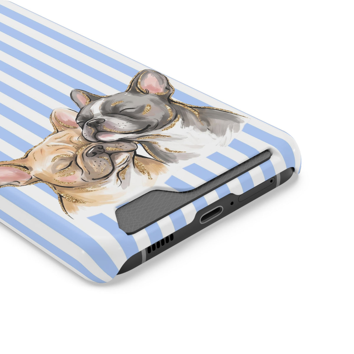 Frenchie Stripe phone case with card holder, close-up of the card slot