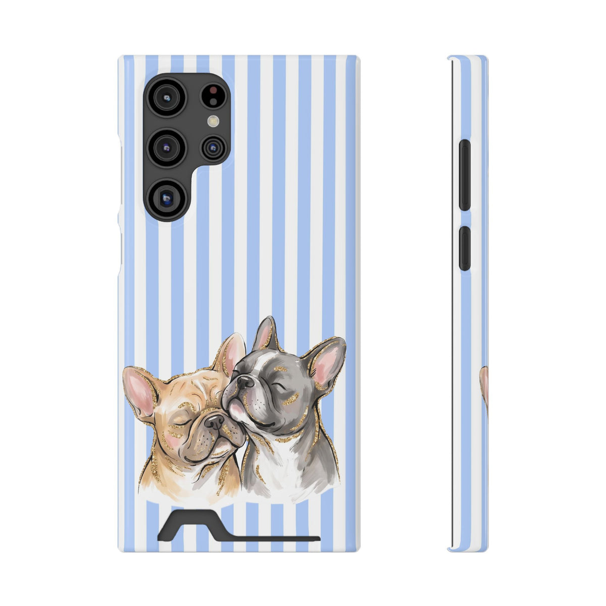 Frenchie Stripe phone case with card holder for Samsung Galaxy S22 Ultra, glossy finish