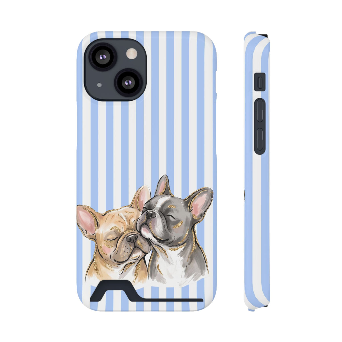 Frenchie Stripe phone case with card holder for iPhone 13 Mini, glossy finish