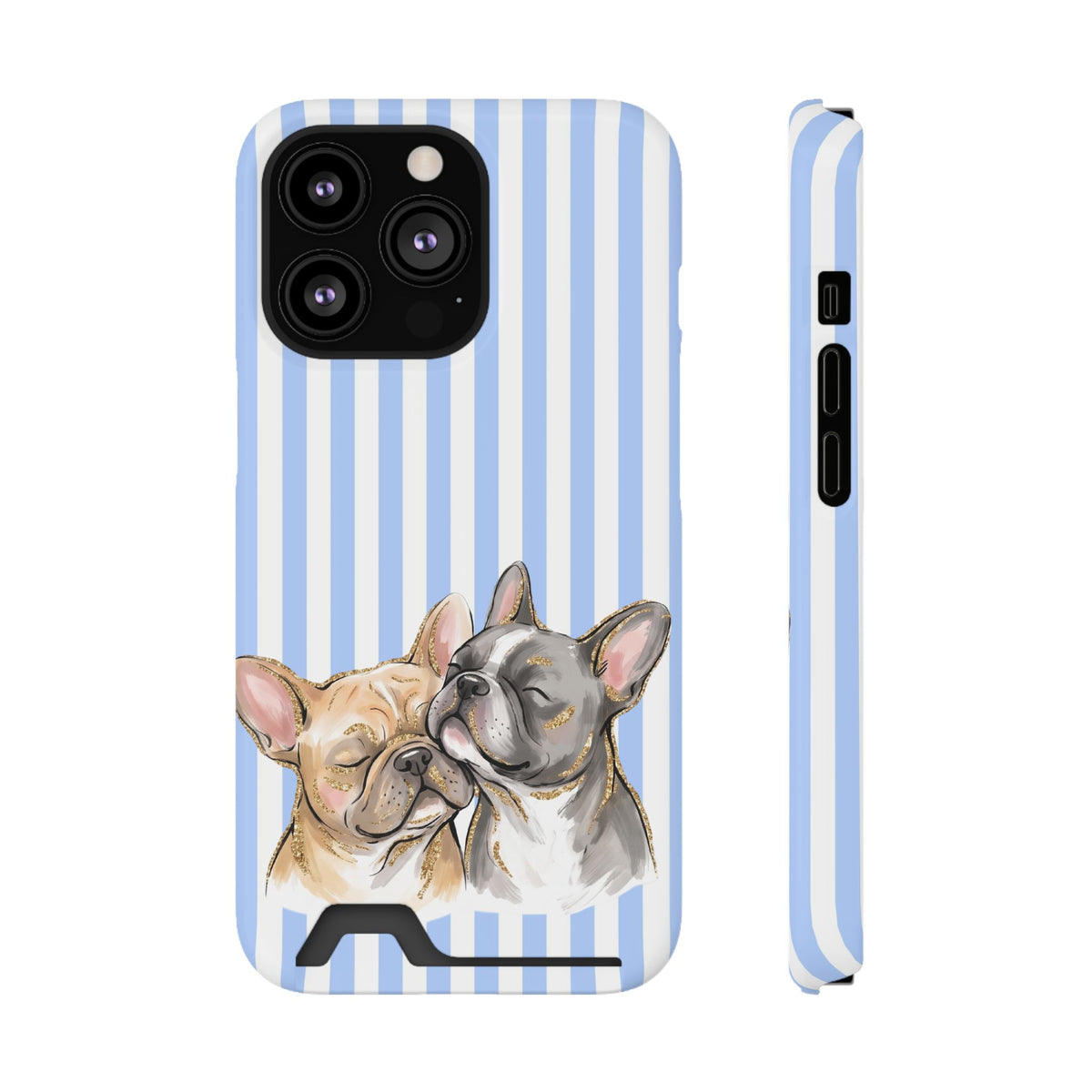 Frenchie Stripe phone case with card holder for iPhone 13 Pro, glossy finish